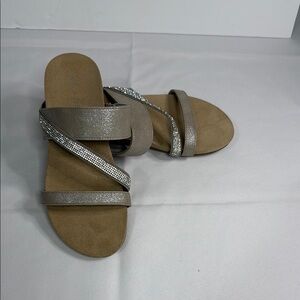 Anne Klein Silver Tan Slip-On Sandals with Metallic Straps